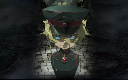HD desktop wallpaper featuring Tanya Degurechaff from the anime Youjo Senki, with a dark, war-torn background. Tanya stands in uniform, glaring intensely.