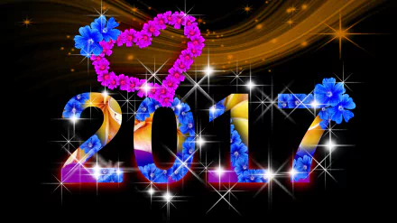 HD PC desktop wallpaper featuring vibrant flowers forming a heart and the year 2017, symbolizing New Year and holiday celebration themes.