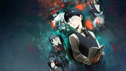 HD desktop wallpaper featuring characters from the anime Tokyo Ghoul, with a central figure holding a book amidst a dark, atmospheric background.
