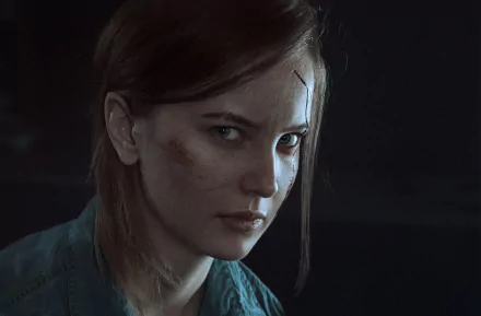 HD wallpaper of a woman cosplaying Ellie from The Last of Us Part II, showcasing a determined expression with facial scars, capturing the intensity of the character in a dark background setting.