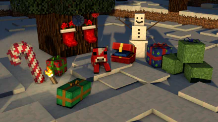 A festive Minecraft scene features a Mooshroom surrounded by Christmas stockings, wrapped gifts, a snowman, and a candy cane, all set in a snowy landscape.