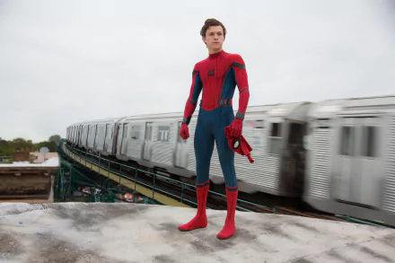 Tom Holland as Spider-Man (Peter Parker) stands in his costume holding his mask, with a train speeding by in the background. This image is a HD desktop wallpaper from the movie Spider-Man: Homecoming.