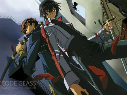 Suzaku Kururugi and Lelouch Lamperouge stand back-to-back, swords drawn, amid a dramatic setting from the anime Code Geass. The image showcases intense character dynamics and vibrant colors.