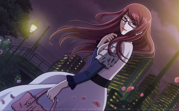 Anime wallpaper featuring Rize Kamishiro from Tokyo Ghoul. She has purple hair, glasses, and pink eyes, wearing a white dress and holding a bag. The background depicts a nighttime cityscape with falling petals.