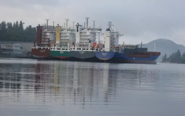 HD desktop wallpaper of a tanker ship docked near a forested shore, with calm water reflecting the vessel and an overcast sky in the background.