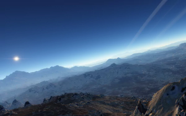 HD desktop wallpaper from Space Engine showing a mountain landscape under a starry sky with a distant planet visible.