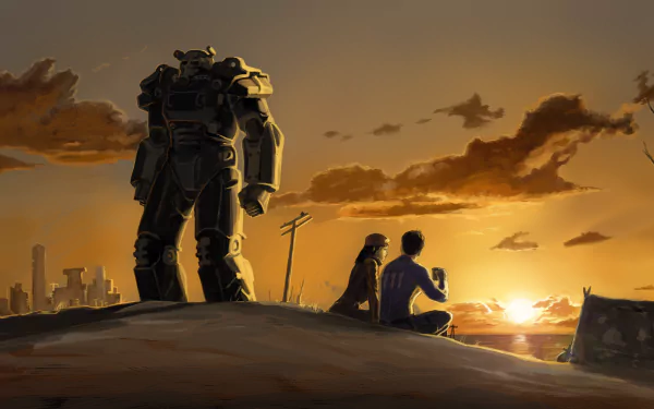 HD desktop wallpaper featuring characters from Fallout 4, including the Sole Survivor, Piper Wright, and a figure in Power Armor, set against a vibrant sunset in a post-apocalyptic landscape.