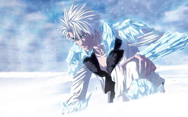 Tōshirō Hitsugaya from the anime Bleach, depicted in an HD wallpaper, is surrounded by a snowy landscape, showcasing his icy aesthetic and intense expression.