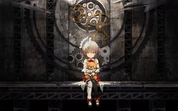 HD desktop wallpaper of an anime character from Clockwork Planet, featuring a detailed clockwork background. The character is sitting, holding a plush toy, surrounded by intricate gears and dark industrial elements.