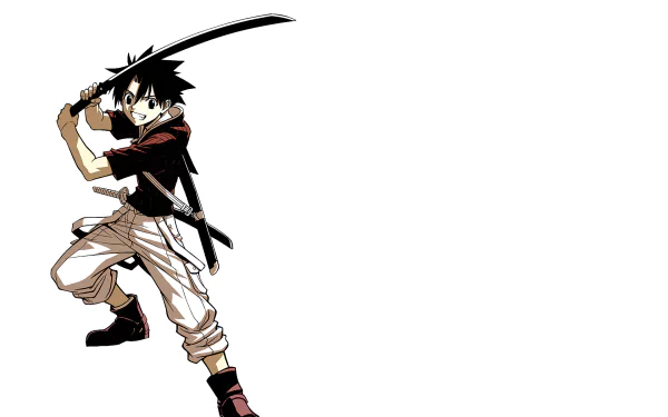 HD PC desktop wallpaper from the anime UQ Holder! featuring a dynamic character holding a sword in a battle-ready stance against a white background.