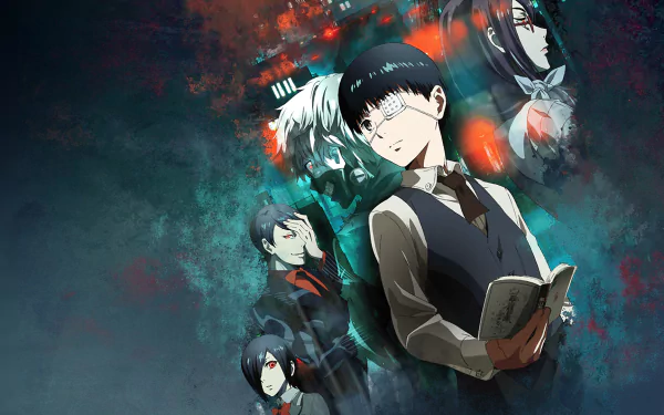 HD desktop wallpaper featuring characters from the anime Tokyo Ghoul, with a central figure holding a book amidst a dark, atmospheric background.