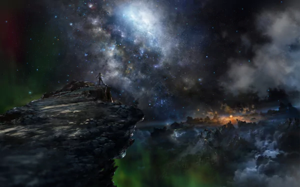 A stunning HD desktop wallpaper featuring a sci-fi landscape with a starry sky, dramatic cliffs, and luminous clouds, creating a mesmerizing and scenic vista.