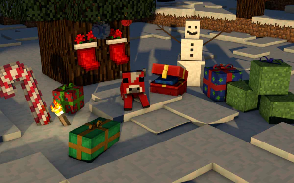 A festive Minecraft scene features a Mooshroom surrounded by Christmas stockings, wrapped gifts, a snowman, and a candy cane, all set in a snowy landscape.