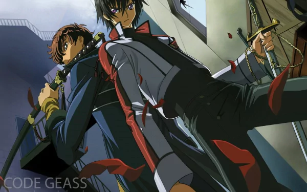 Suzaku Kururugi and Lelouch Lamperouge stand back-to-back, swords drawn, amid a dramatic setting from the anime Code Geass. The image showcases intense character dynamics and vibrant colors.