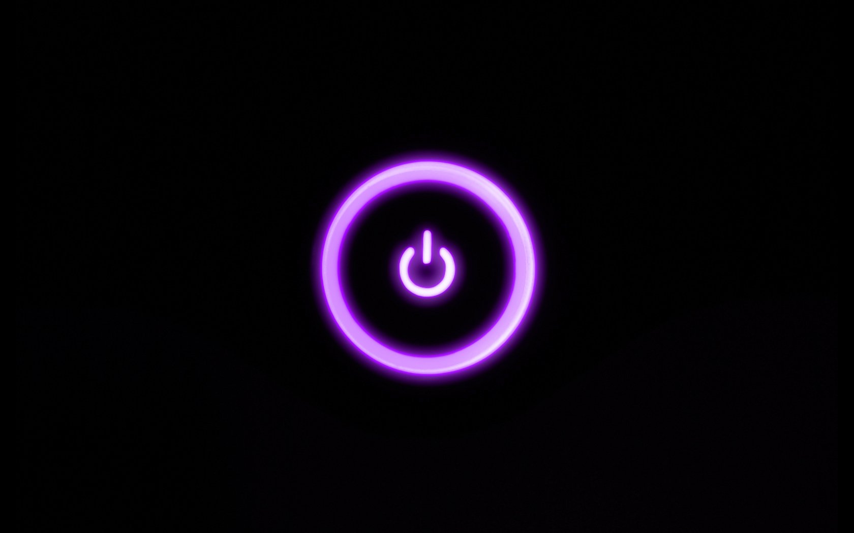Glowing purple power button symbol on a black background, designed as an HD PC desktop wallpaper highlighting technology and hardware themes.