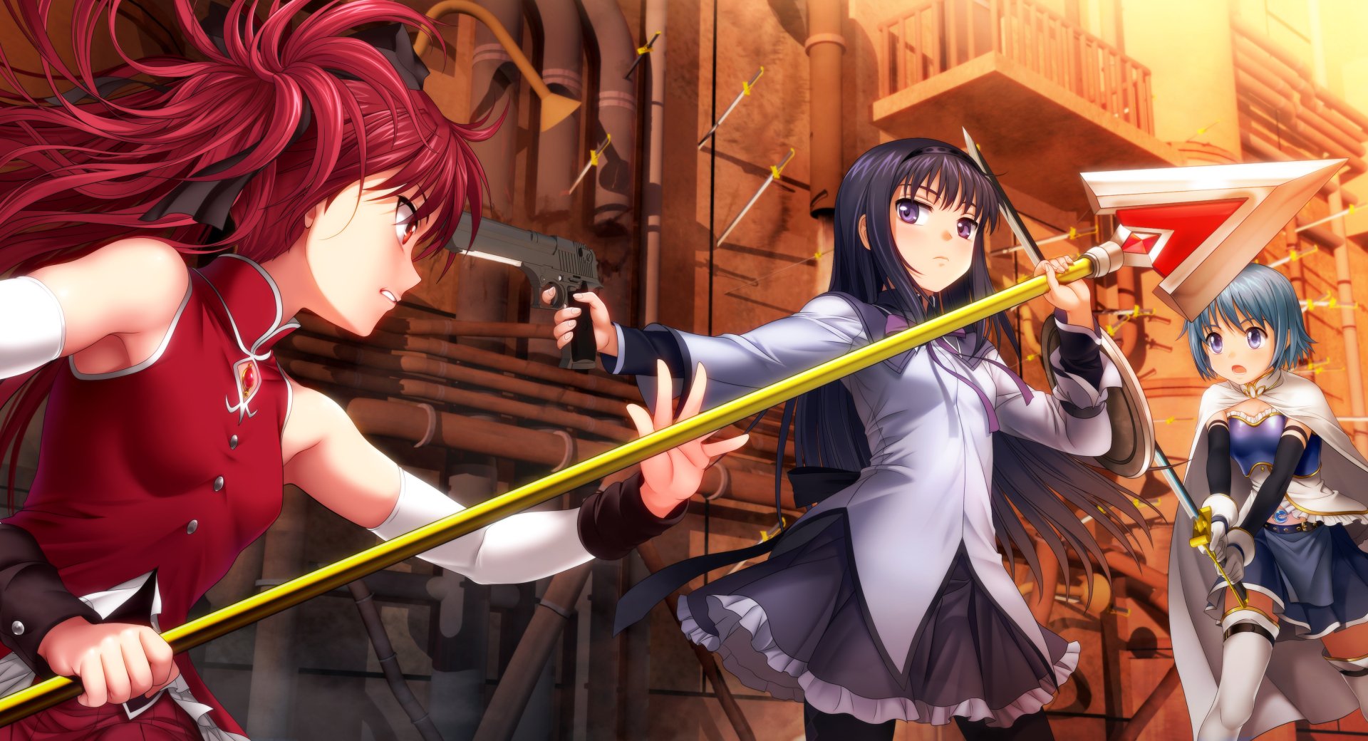 4K Ultra HD PC wallpaper of the anime Puella Magi Madoka Magica: Kyōko Sakura, Homura Akemi and Sayaka Miki in dramatic action poses in an industrial setting, weapons drawn.