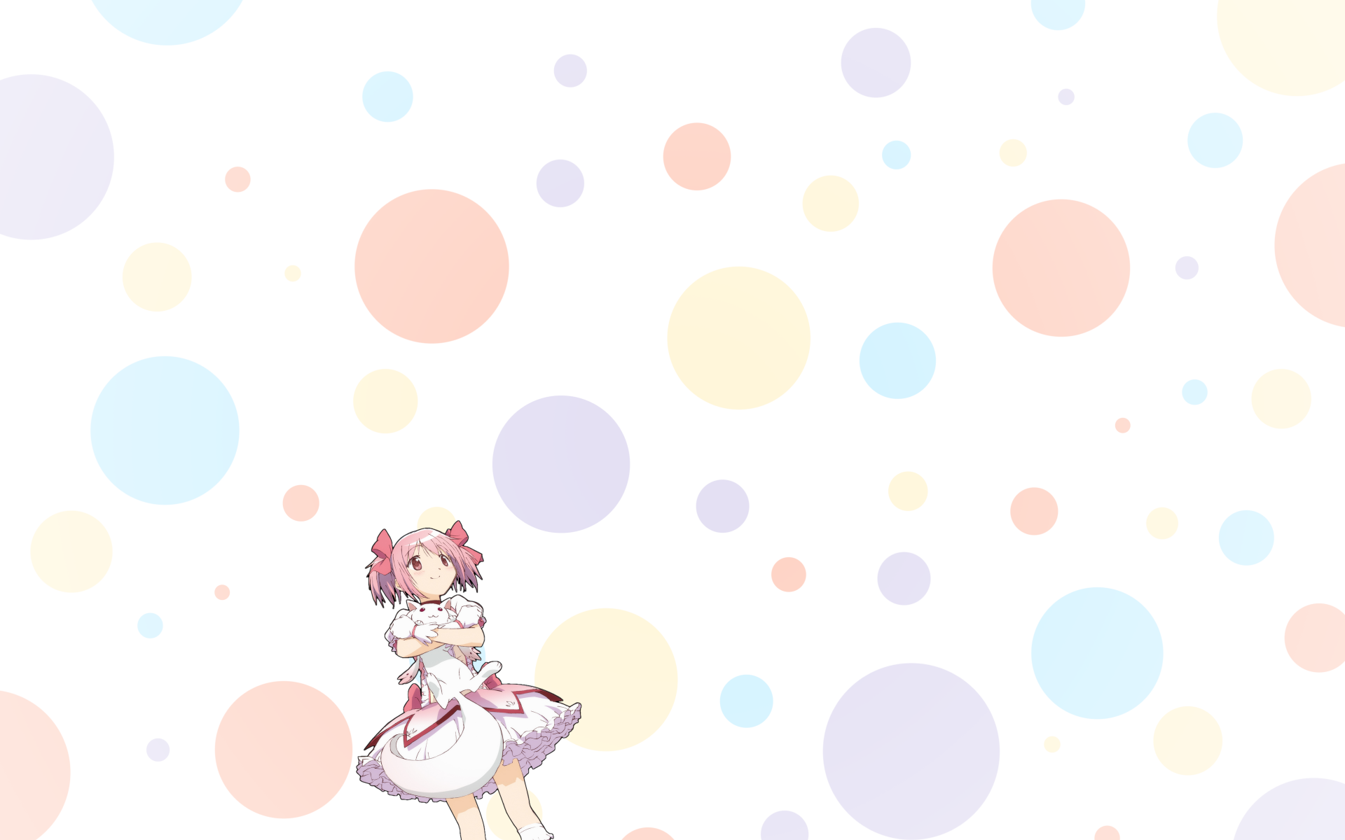 4K Ultra HD PC wallpaper showing Madoka Kaname in her magical girl outfit with Kyuubey from Puella Magi Madoka Magica against a soft pastel polka-dot background.