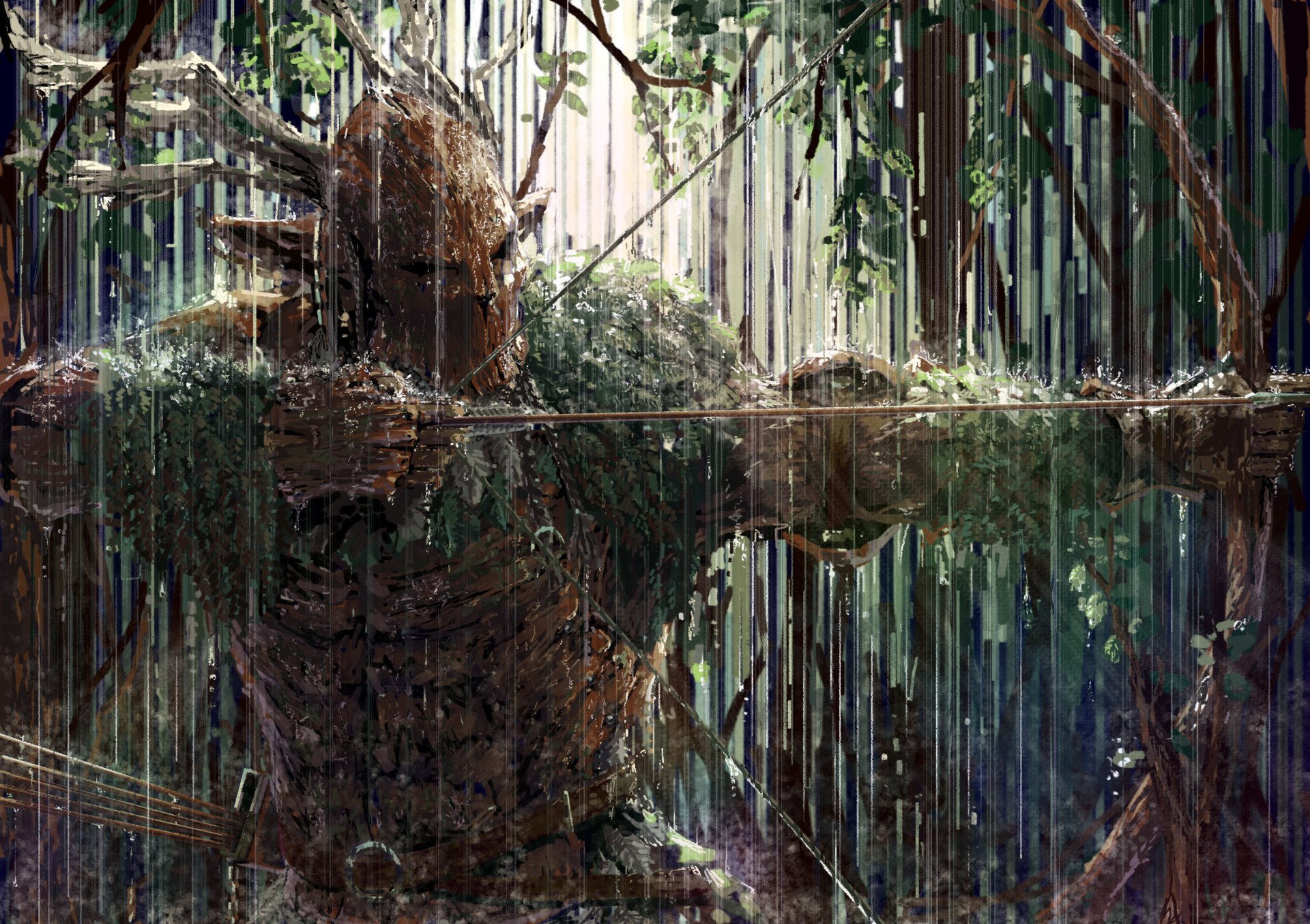 HD desktop wallpaper featuring a masked fantasy warrior archer in the rain, aiming a bow amidst a lush, forested background.
