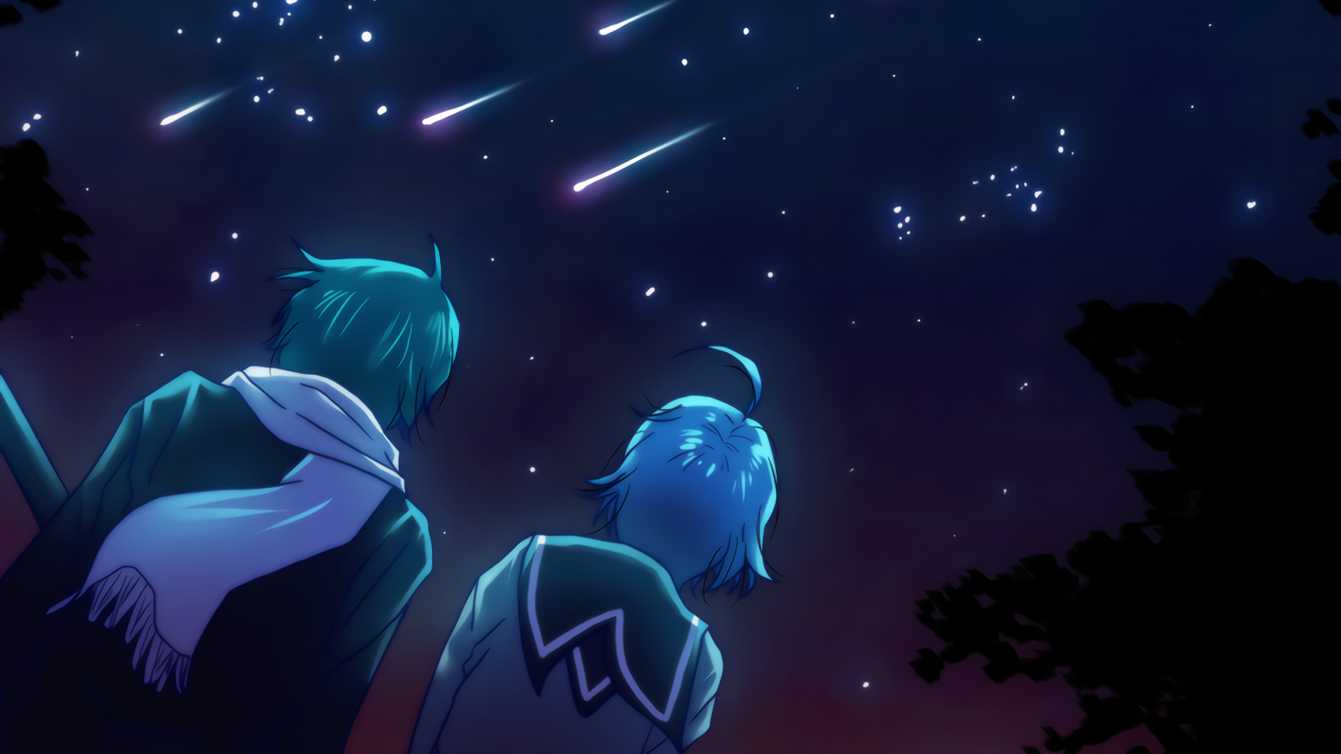HD desktop wallpaper featuring anime characters Yuu Haruna and Fuuka Akitsuki from Fuuka gazing at a starry night sky with shooting stars overhead.