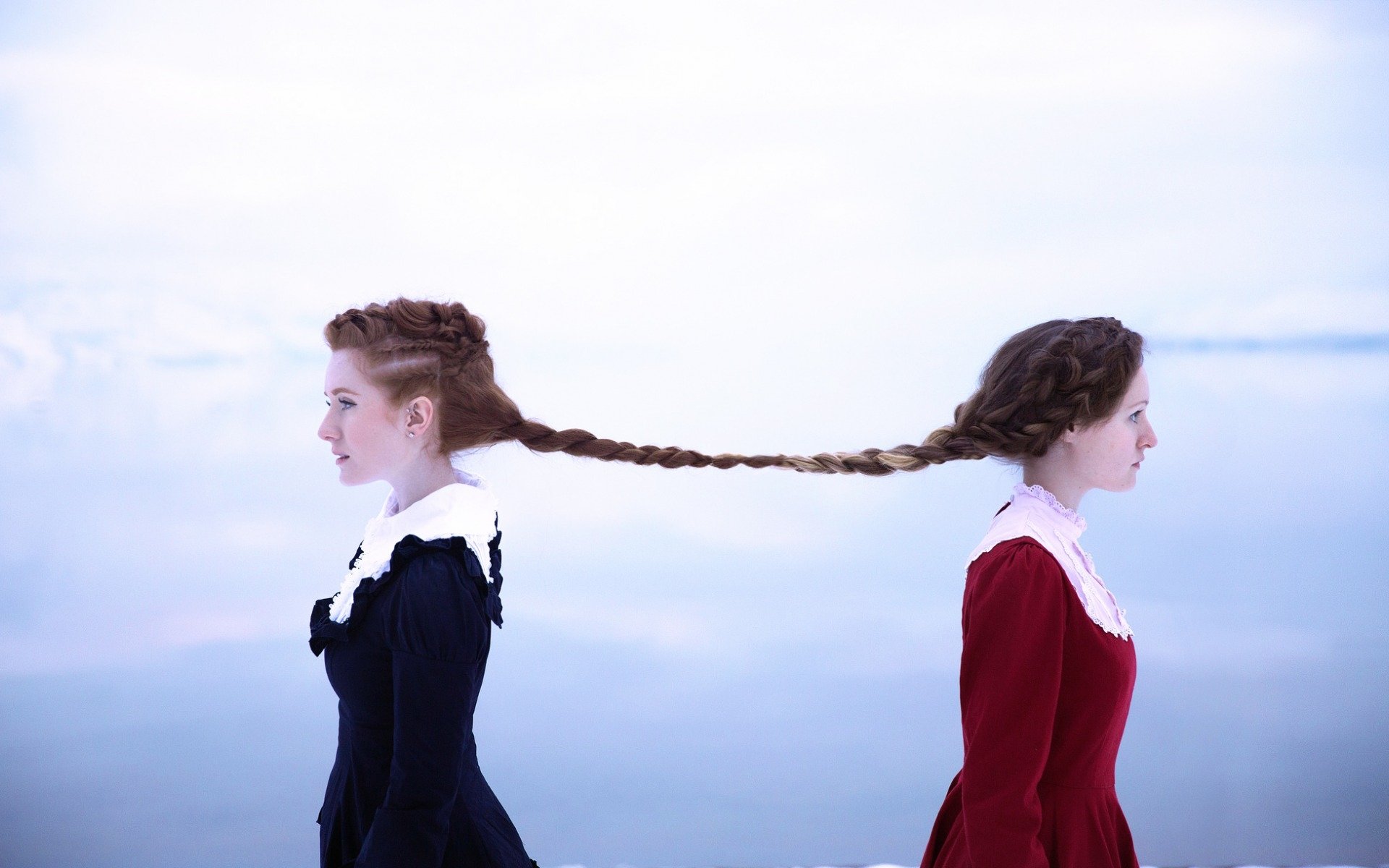 Download Red Dress Blue Dress Redhead Braid Hair Woman Model HD Wallpaper by Lichon