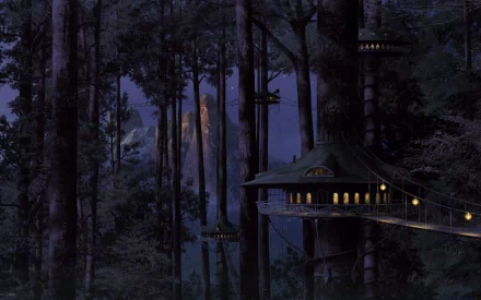 HD fantasy forest wallpaper featuring treehouses nestled among tall trees with a majestic mountain in the background, illuminated by scattered lights.