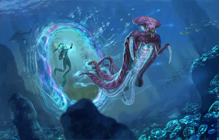 HD desktop wallpaper from Subnautica featuring an underwater scene with a diver and a fantastical glowing creature.