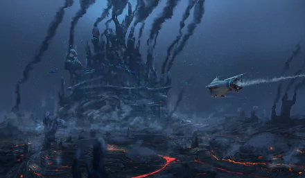Subnautica-themed HD desktop wallpaper featuring an underwater scene with a mysterious alien structure and a small submarine exploring the depths.