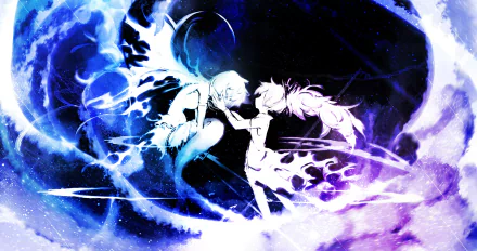 HD anime desktop wallpaper featuring Madoka Kaname and Sayaka Miki from Puella Magi Madoka Magica, surrounded by swirling blue and purple magical energy.
