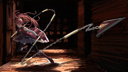 HD PC desktop wallpaper featuring Kyōko Sakura from the anime Puella Magi Madoka Magica in a dynamic battle pose wielding her spear and chains.