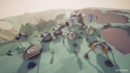 HD desktop wallpaper of ASTRONEER game, showcasing an extraterrestrial base with equipment and astronauts.