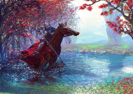 A fantasy knight in armor on horseback crosses a vibrant blue river, surrounded by colorful trees and leaves, creating a vivid HD desktop wallpaper and background.