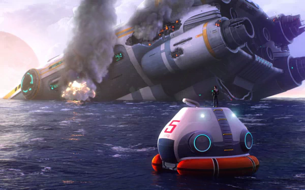 HD desktop wallpaper from Subnautica featuring a life pod in the ocean with a damaged spaceship crashing in the background.