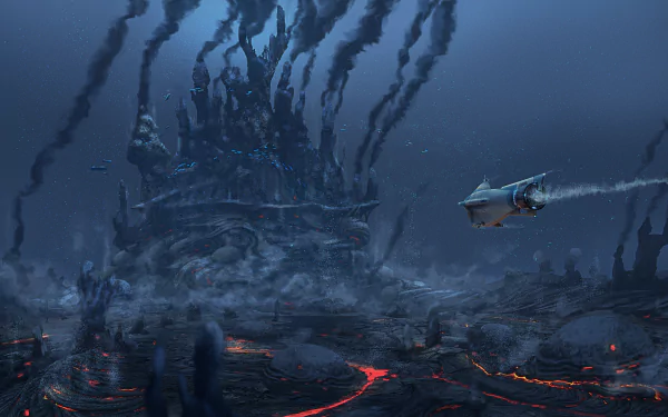 Subnautica-themed HD desktop wallpaper featuring an underwater scene with a mysterious alien structure and a small submarine exploring the depths.