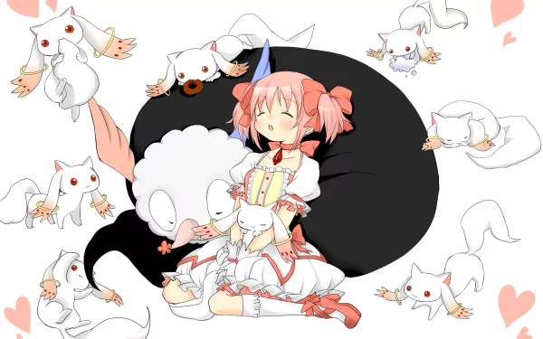 Anime 2K Quad HD PC desktop wallpaper of Puella Magi Madoka Magica: Madoka Kaname asleep and smiling, surrounded by many Kyubey creatures, pastel hearts and a dark circular silhouette behind her.