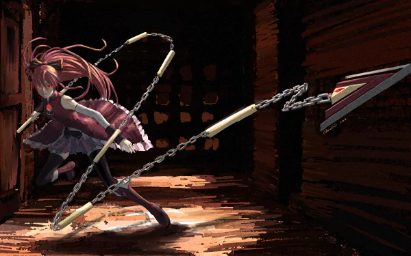 HD PC desktop wallpaper featuring Kyōko Sakura from the anime Puella Magi Madoka Magica in a dynamic battle pose wielding her spear and chains.
