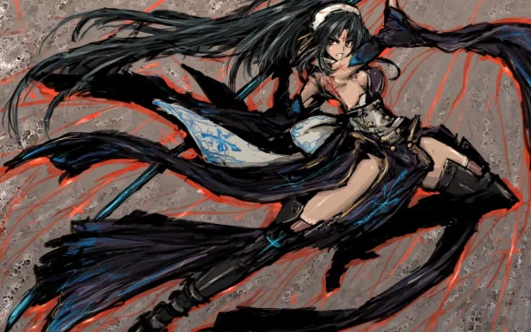 Anime-inspired HD wallpaper featuring Black Rock Shooter in a maid outfit, striking a dynamic pose with flowing hair and intricate details against a textured background.
