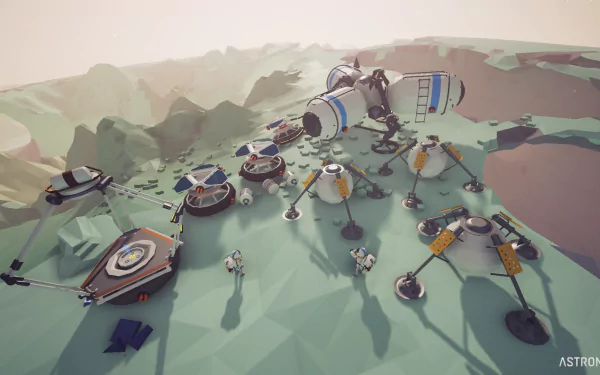 HD desktop wallpaper of ASTRONEER game, showcasing an extraterrestrial base with equipment and astronauts.