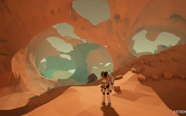 HD desktop wallpaper of an ASTRONEER character exploring a cavernous Martian landscape.