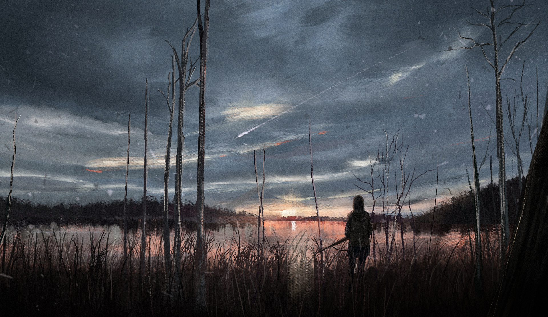 HD anime original desktop wallpaper featuring a silhouette of a person standing near a lake at sunset, with a meteor streaking across the twilight sky amidst bare trees.