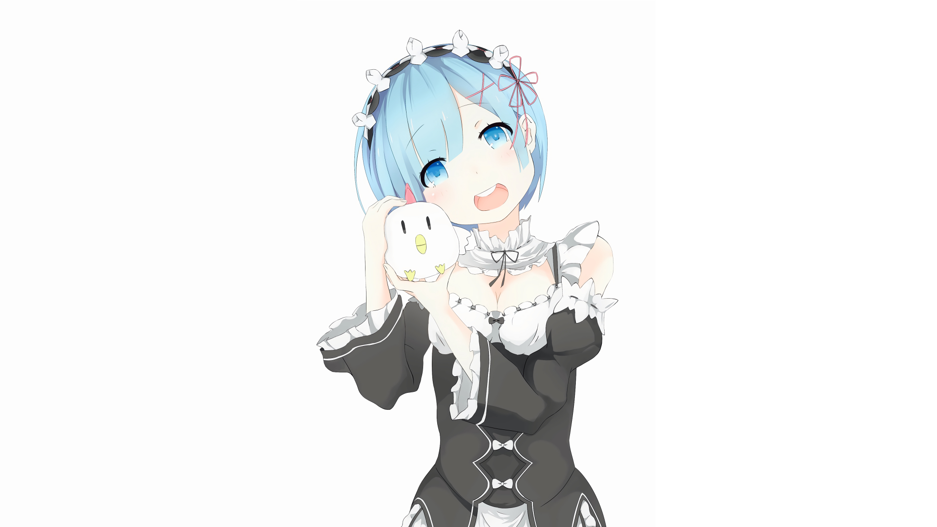4K Ultra HD anime wallpaper featuring Rem from Re:Zero - Starting Life in Another World in her iconic black and white maid outfit, smiling and holding a white plush.
