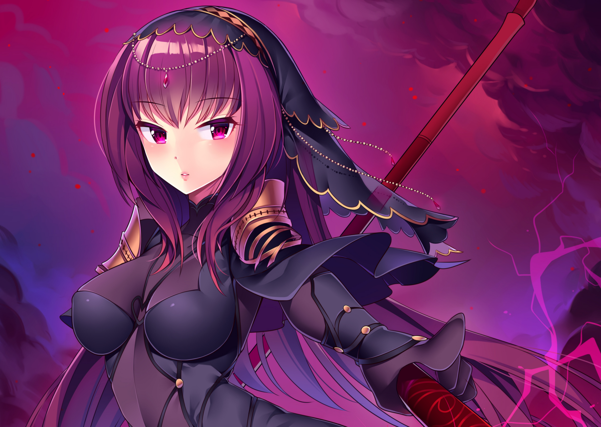 HD desktop wallpaper featuring Scathach from Fate/Grand Order, depicted in anime style with dark armor and a captivating background.