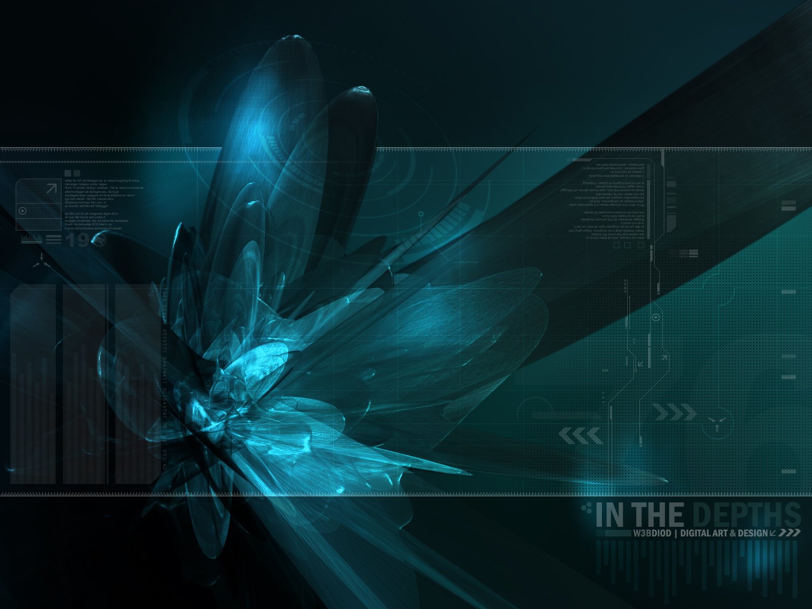 Abstract HD wallpaper featuring intricate blue shapes and textures, creating a dynamic pattern against a dark background, embodying modern technology aesthetics.