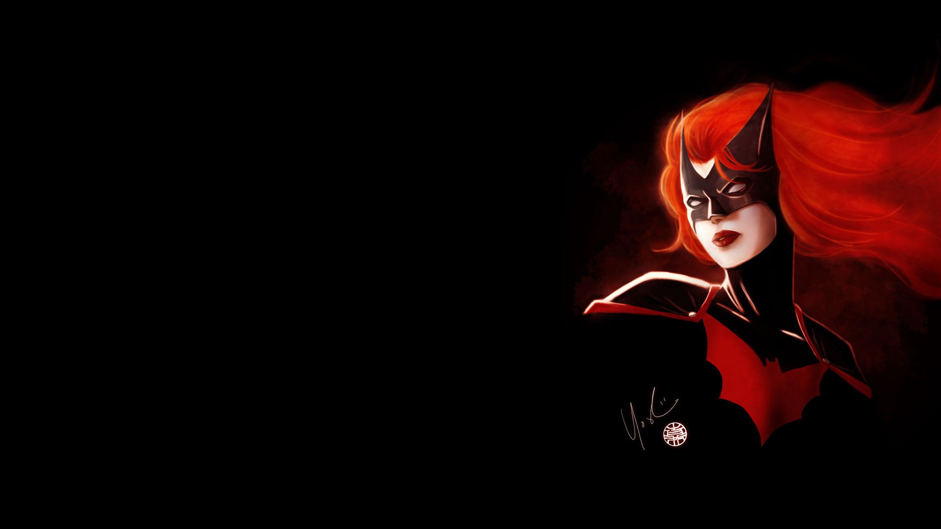 HD PC desktop wallpaper featuring DC Comics' Batwoman (Kathy Kane) with striking red hair and mask against a dark background.