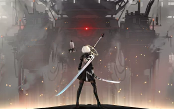 Character with white short hair, black dress, and thigh boots wielding a katana faces a giant robot in a smoky, industrial environment. Inspired by YoRHa No.2 Type B from the video game NieR: Automata.