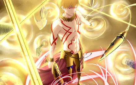 HD desktop wallpaper featuring Gilgamesh from Fate/Grand Order. The anime-style image showcases a detailed and vibrant depiction with golden and red elements.
