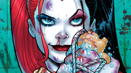 HD PC desktop wallpaper featuring a close-up comic illustration of Harley Quinn with bold makeup and red and black hair against a teal background.