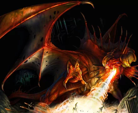 HD desktop wallpaper featuring a fierce fire-breathing dragon in a fantasy setting, illuminated against a dark background.
