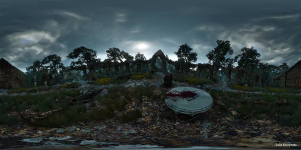 4K Ultra HD PC wallpaper featuring a dark, eerie forest scene from the video game The Witcher 3: Wild Hunt, showcasing atmospheric clouds and ancient ruins.