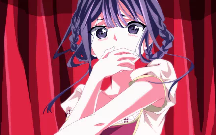 HD anime desktop wallpaper featuring Aki Adagaki from Masamune-kun's Revenge with purple hair and a surprised expression against a red curtain background.