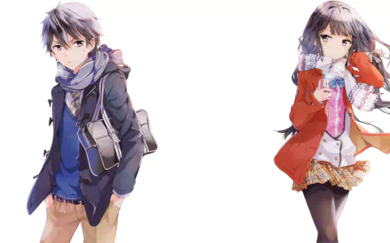 HD desktop wallpaper featuring Masamune Makabe in a scarf and coat, and Aki Adagaki in a red jacket, skirt, and pantyhose from the anime Masamune-kun's Revenge.